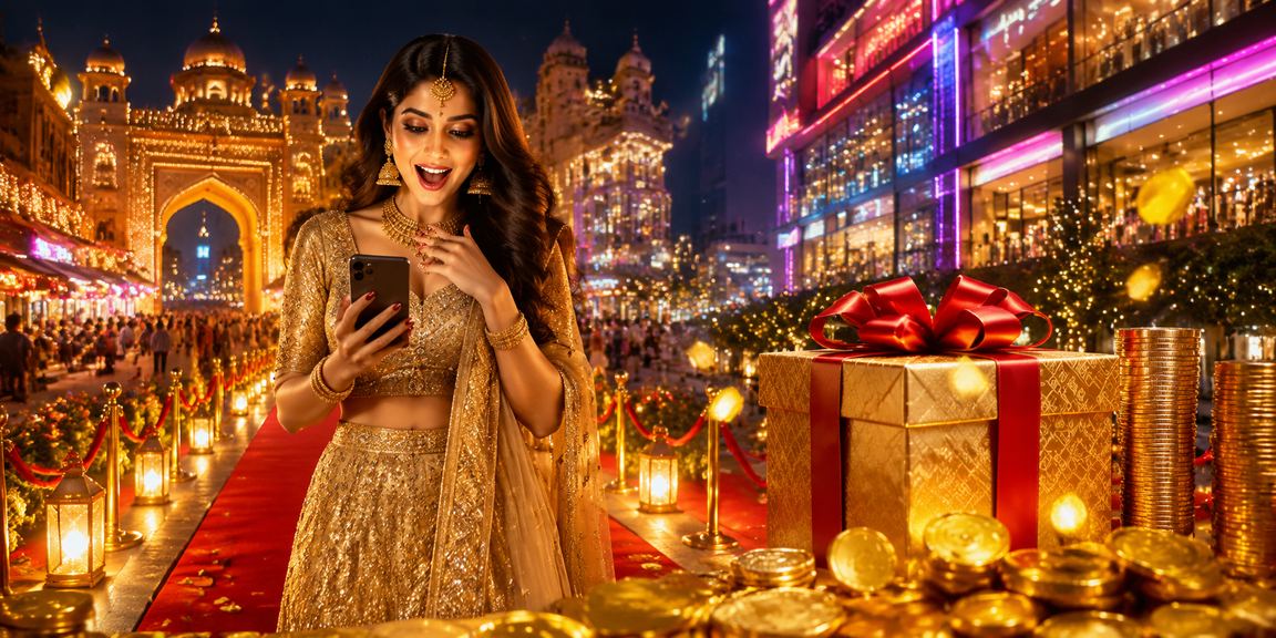 Happy Indian woman celebrating casino bonus on mobile in lehenga attire