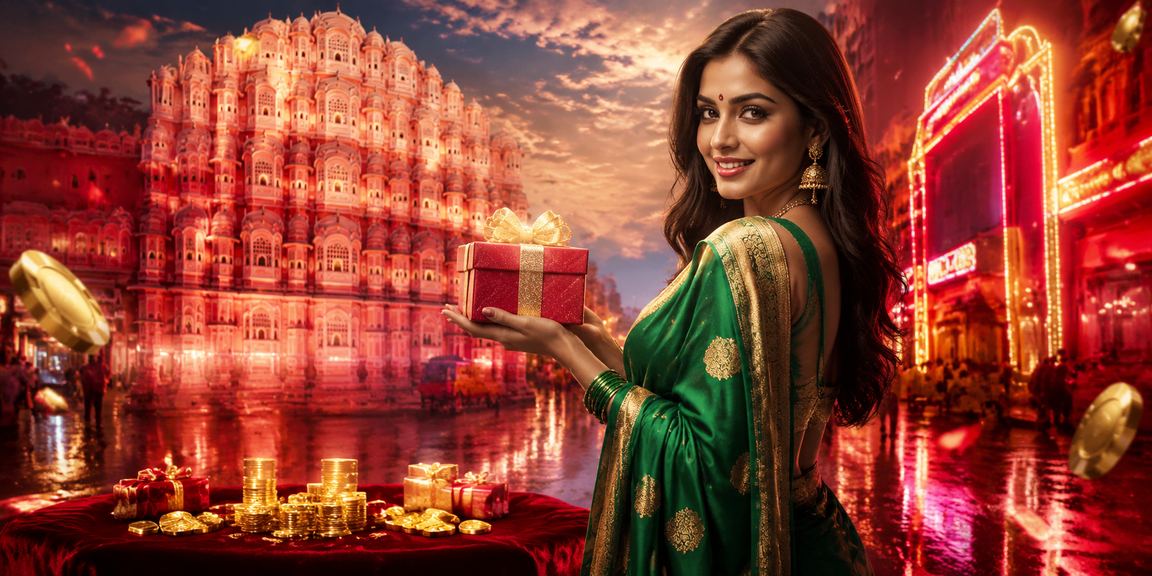 Elegant Indian woman in saree enjoying VIP bonus near Hawa Mahal Jaipur